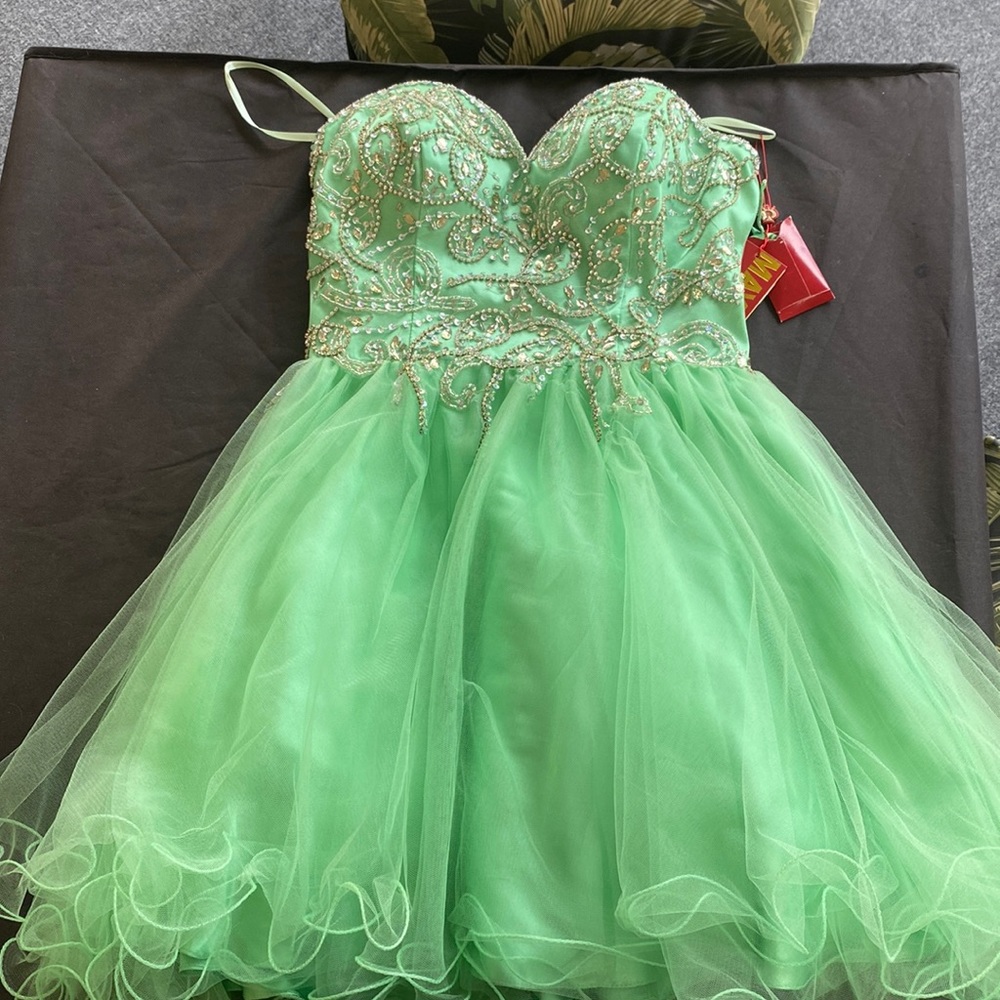 Strapless Mint Green Beaded Tulle Party Dress